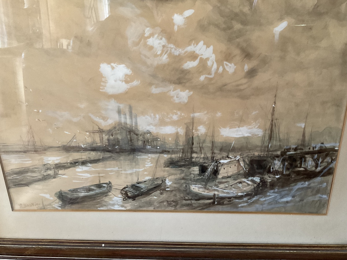 Large Format For This View Of A Port, Watercolor In Ink And White Chalk-photo-2