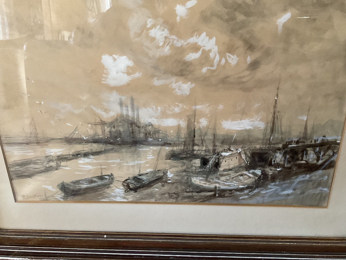 Large Format For This View Of A Port, Watercolor In Ink And White Chalk-photo-3