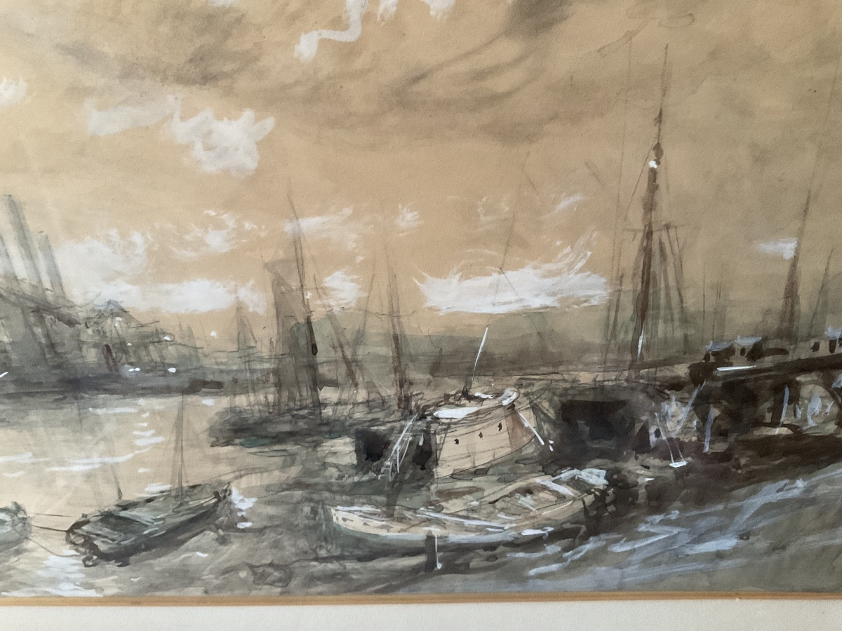 Large Format For This View Of A Port, Watercolor In Ink And White Chalk-photo-4