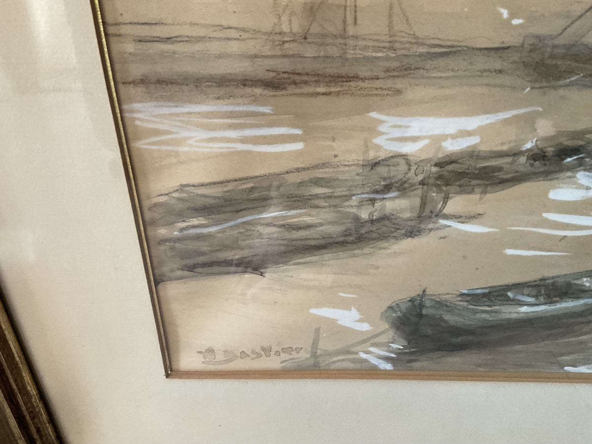 Large Format For This View Of A Port, Watercolor In Ink And White Chalk-photo-5