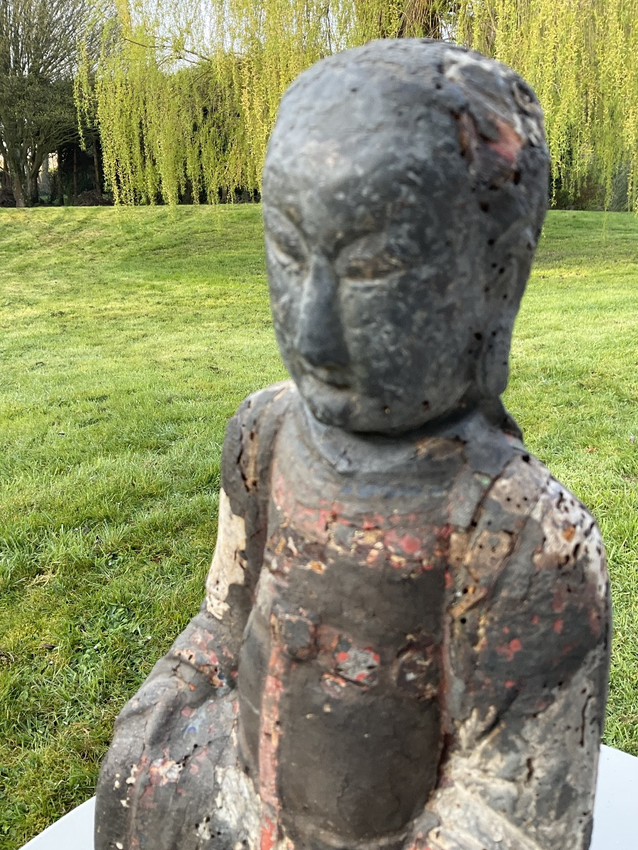 Painted Wooden Buddha, 19th Century-photo-1