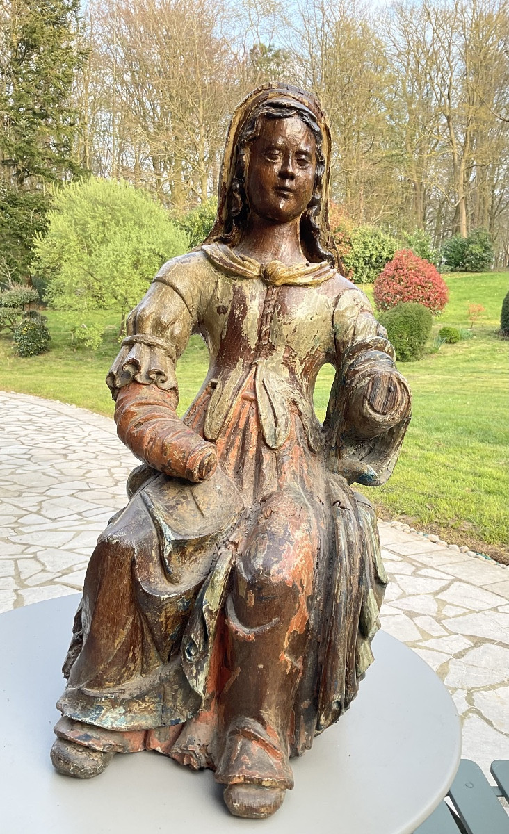 Seated Virgin Mary, Polychrome Wood, 17th Century-photo-2