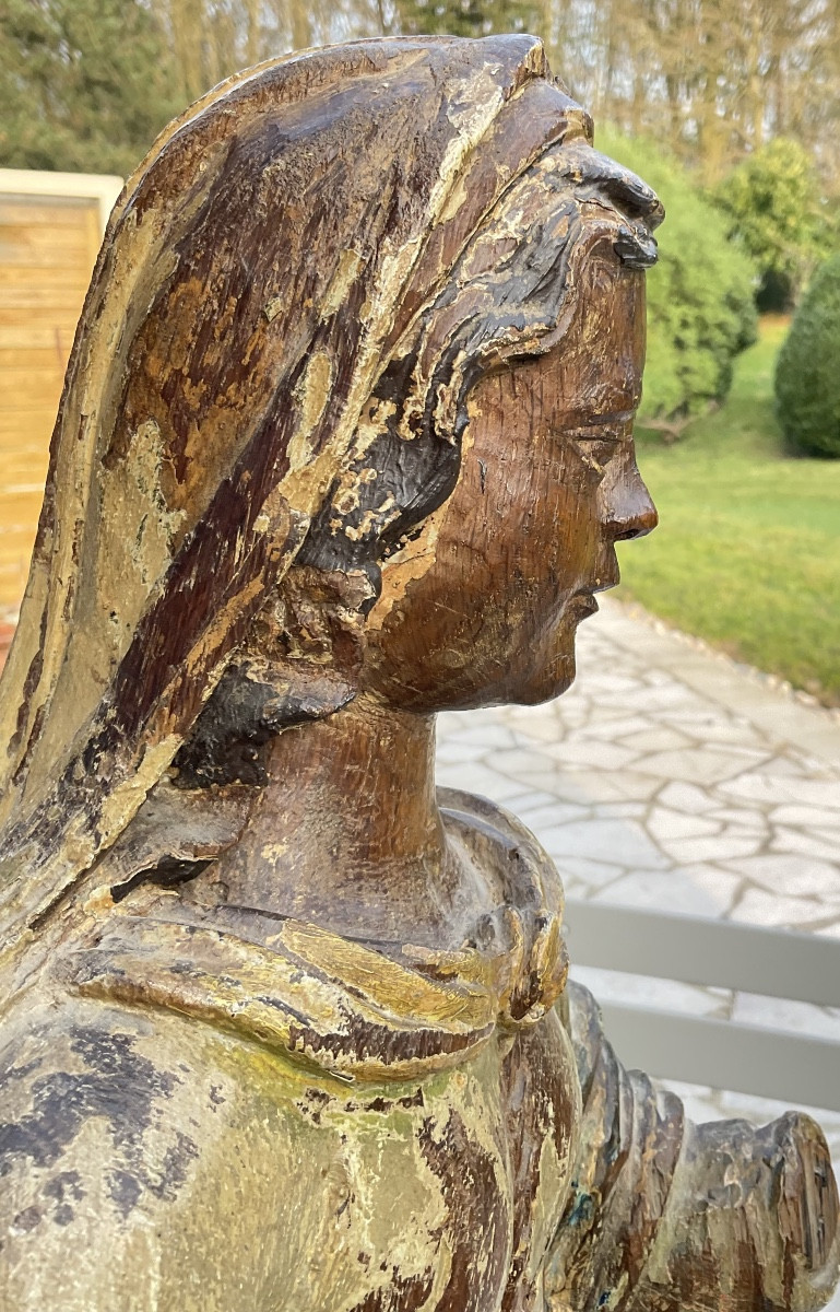 Seated Virgin Mary, Polychrome Wood, 17th Century-photo-2