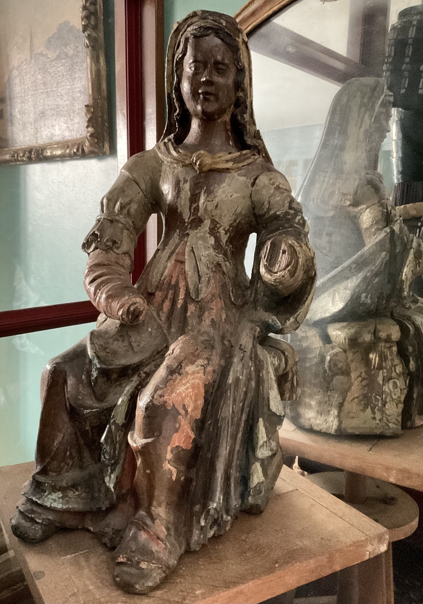 Seated Virgin Mary, Polychrome Wood, 17th Century-photo-5