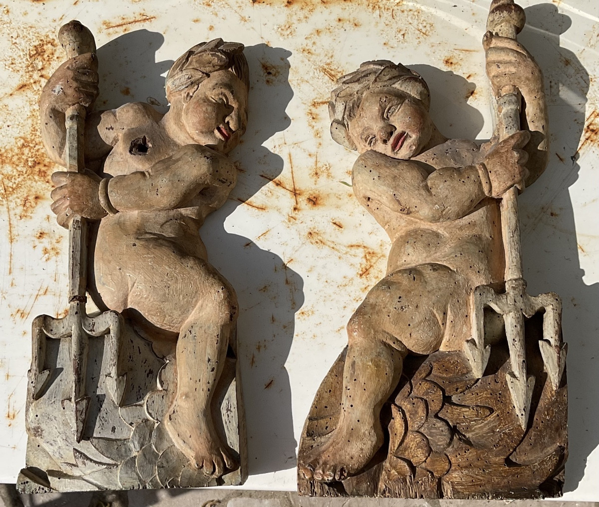 Pair Of 18th-century Polychrome Wooden Putti -photo-4
