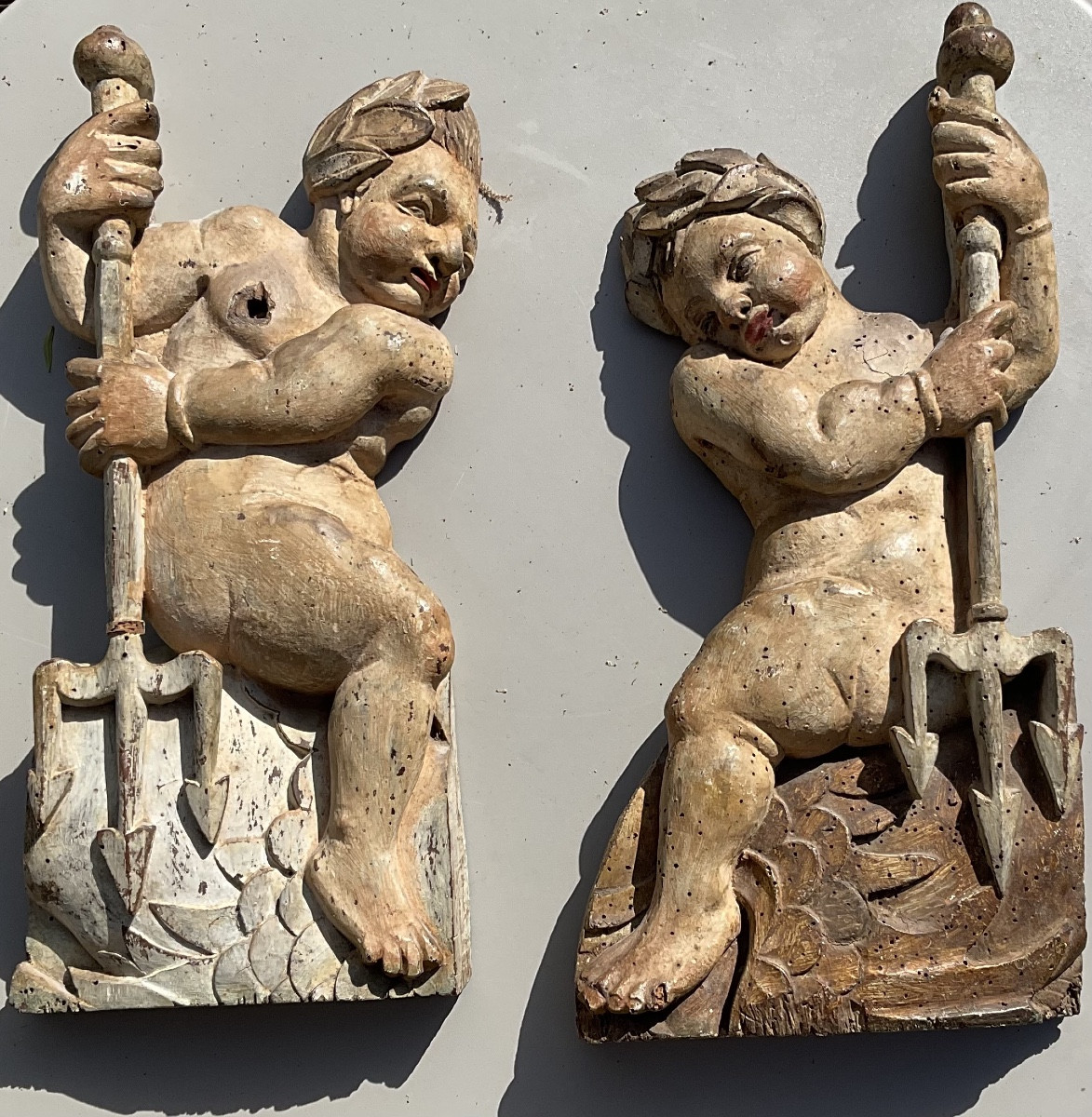 Pair Of 18th-century Polychrome Wooden Putti -photo-7