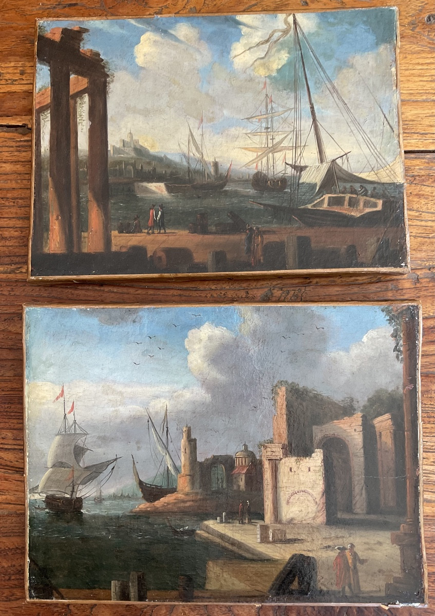 Deux toiles architecture près d’un port école italienne XVIIIe-photo-3