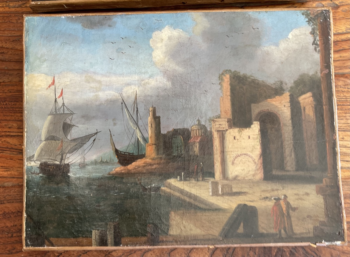 Deux toiles architecture près d’un port école italienne XVIIIe-photo-4