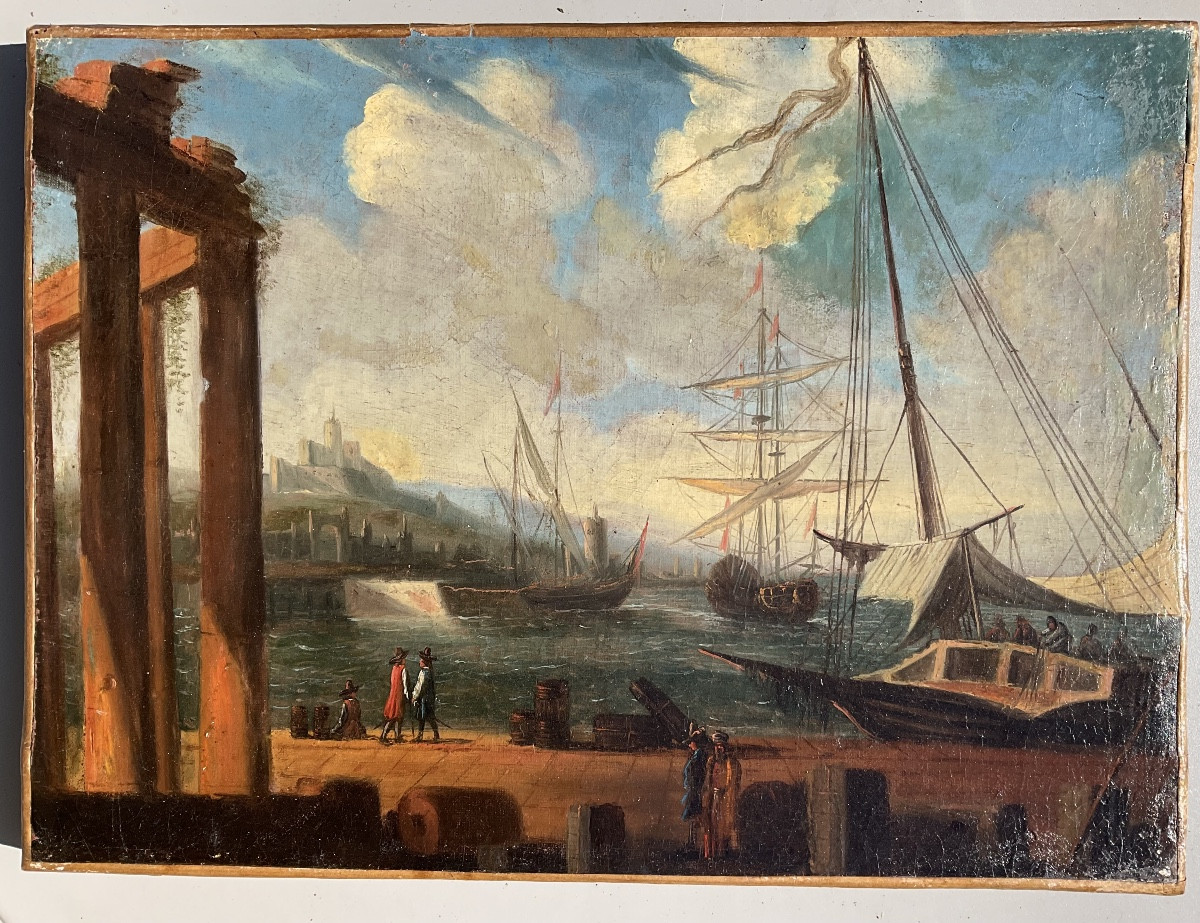 Deux toiles architecture près d’un port école italienne XVIIIe-photo-1