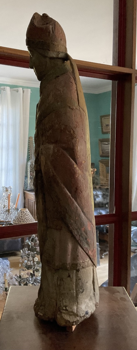 Saint Bishop 15th Century Polychrome Wood-photo-3