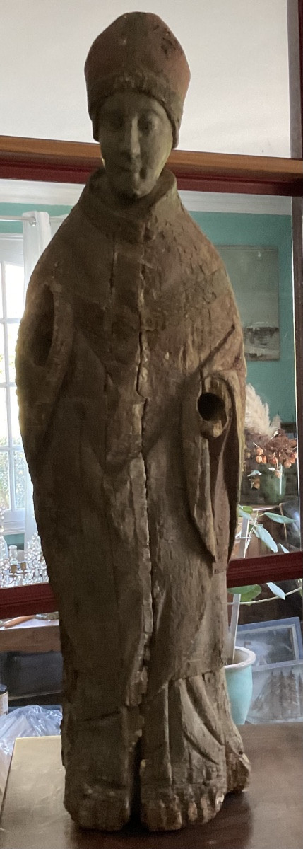 Saint Bishop 15th Century Polychrome Wood