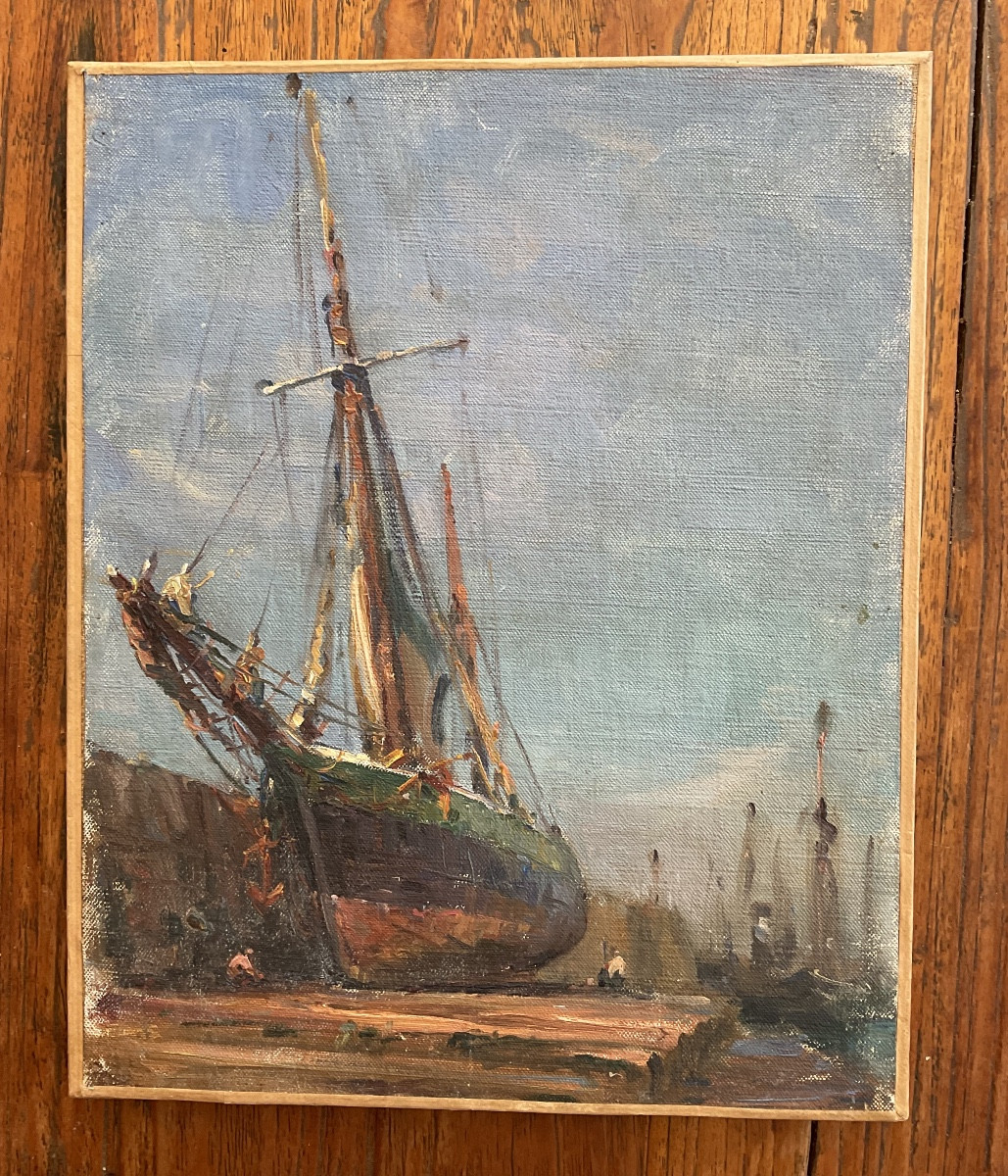 Ricard Cordingley Oil On Canvas Boat In Repair-photo-3