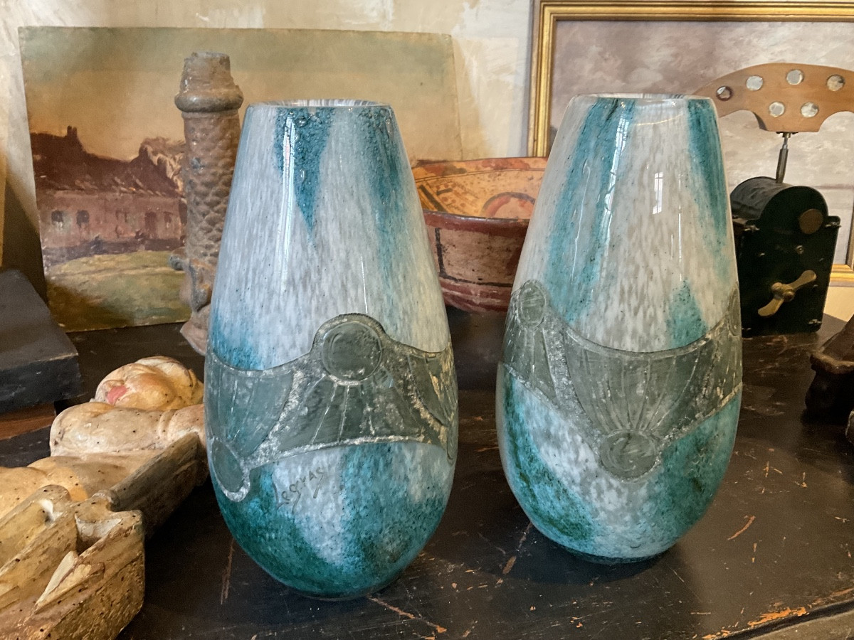 Pair Of Pâte De Verre And Pewter Vases Signed Legras-photo-2