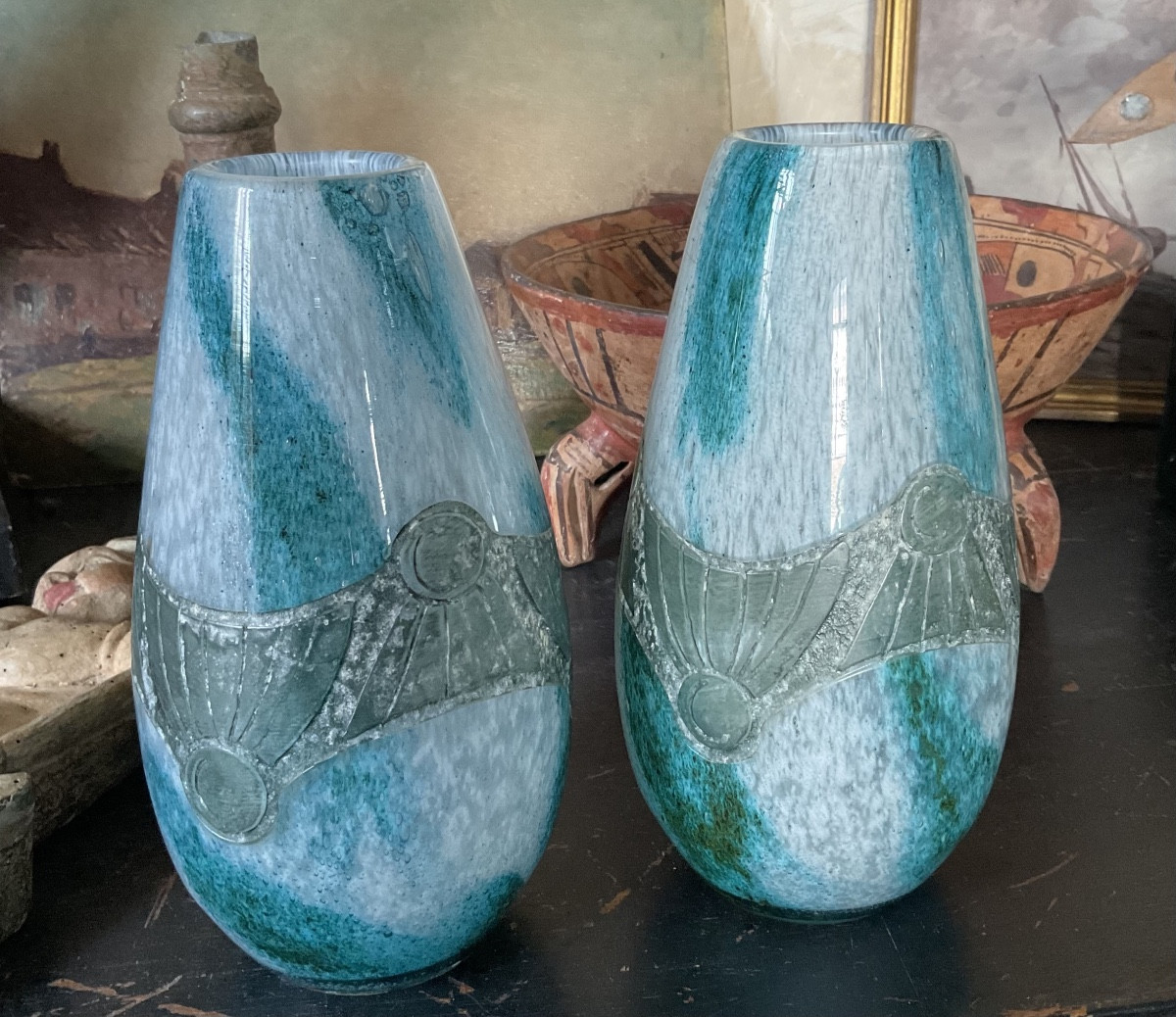 Pair Of Pâte De Verre And Pewter Vases Signed Legras-photo-4