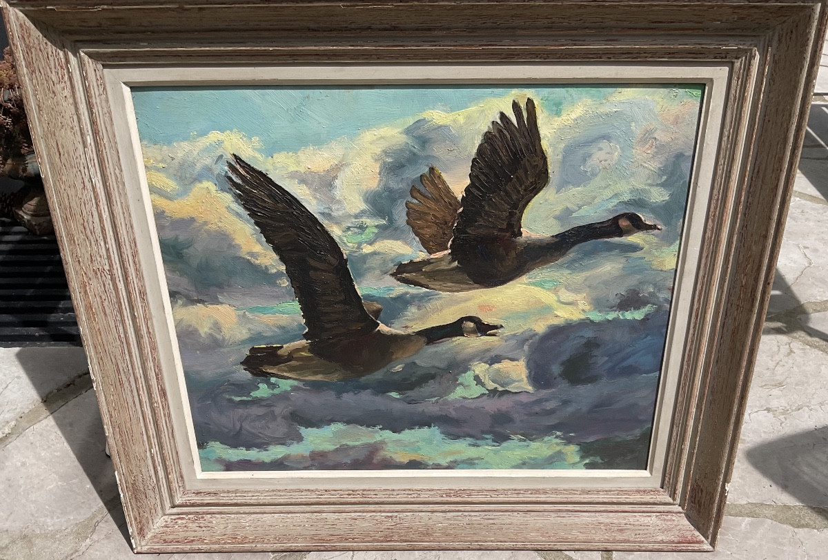 Envol des oies huile sur isorel années 30/50