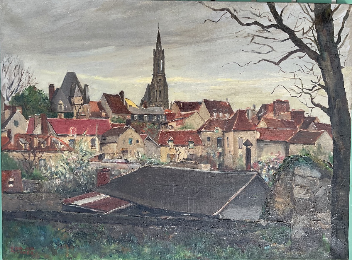 General View Of Senlis Oil On Canvas Good Provenance-photo-3