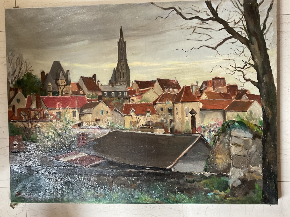 General View Of Senlis Oil On Canvas Good Provenance-photo-4