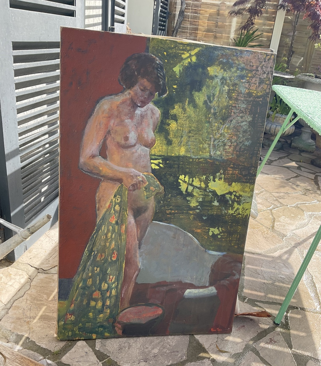 Grande toile d’Alain Marie nu en extérieur 