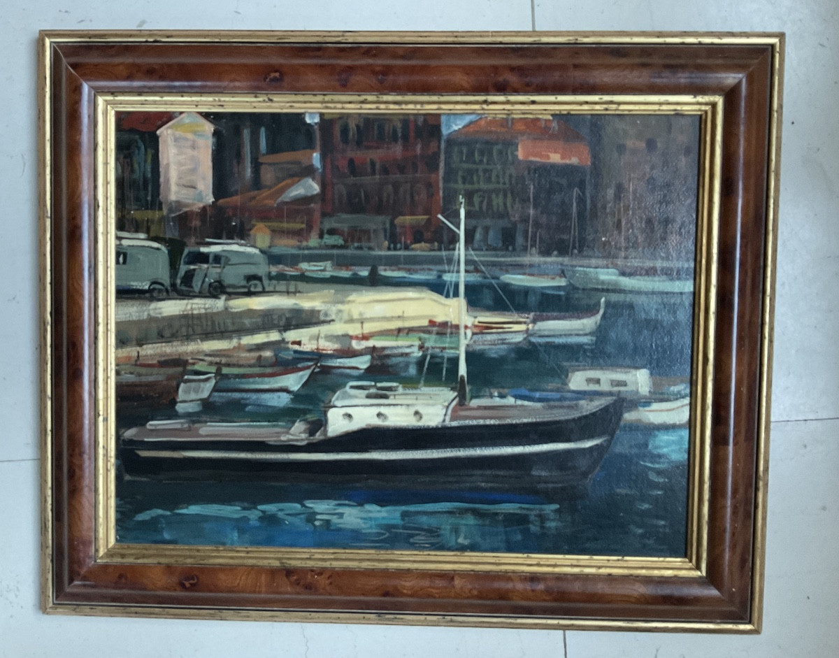 Vue du port huile sur toile marouflée -photo-2