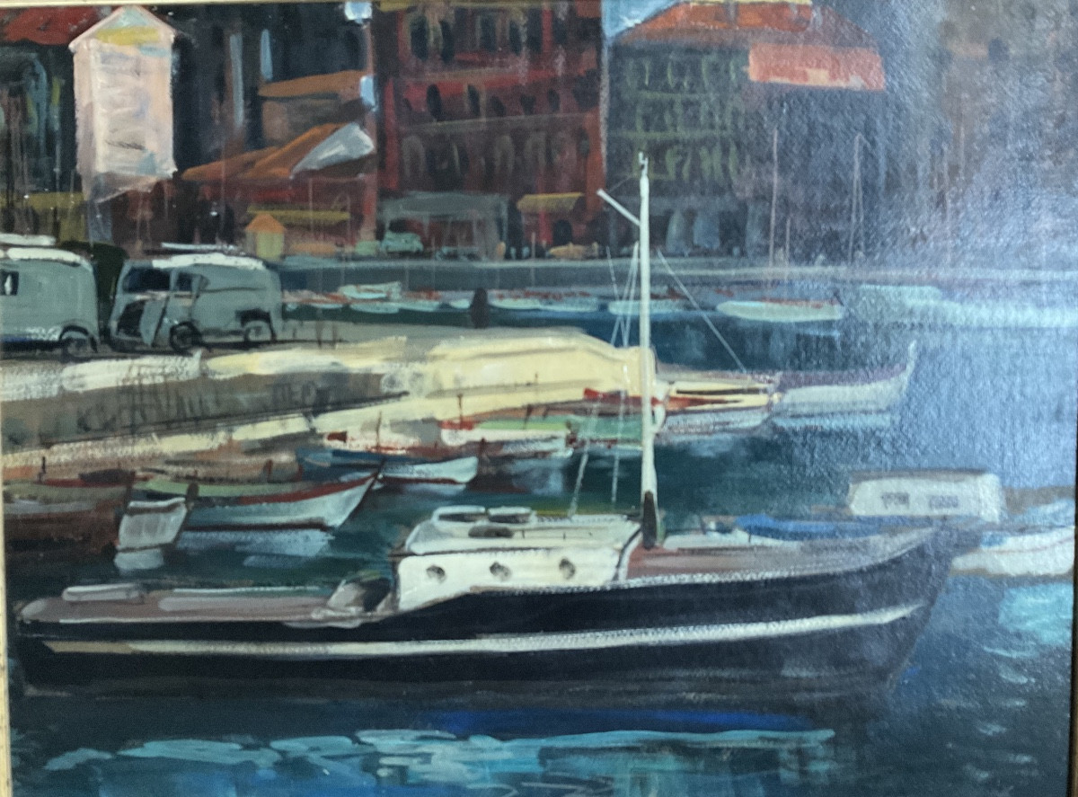 Vue du port huile sur toile marouflée -photo-3