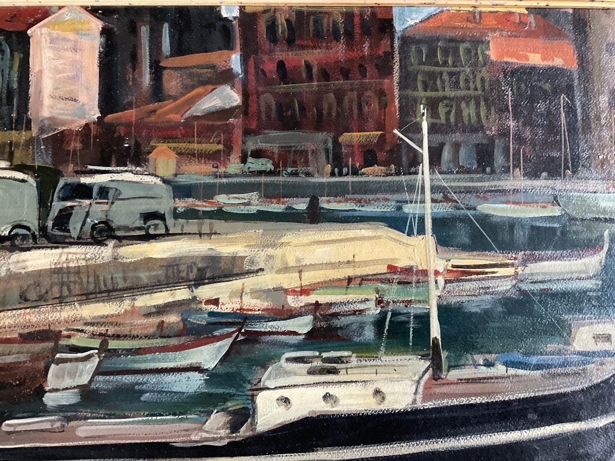 Vue du port huile sur toile marouflée -photo-1