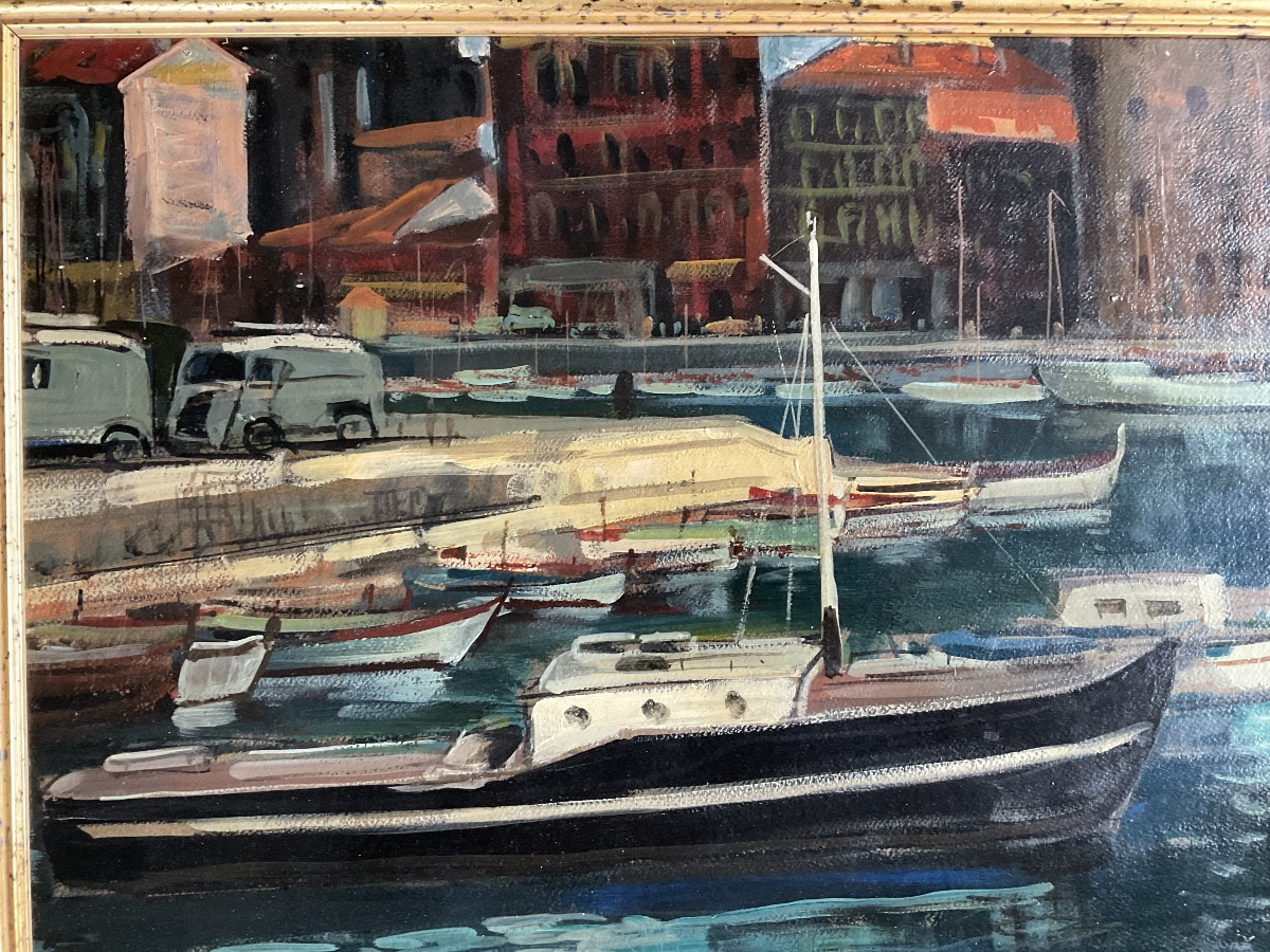 Vue du port huile sur toile marouflée -photo-2