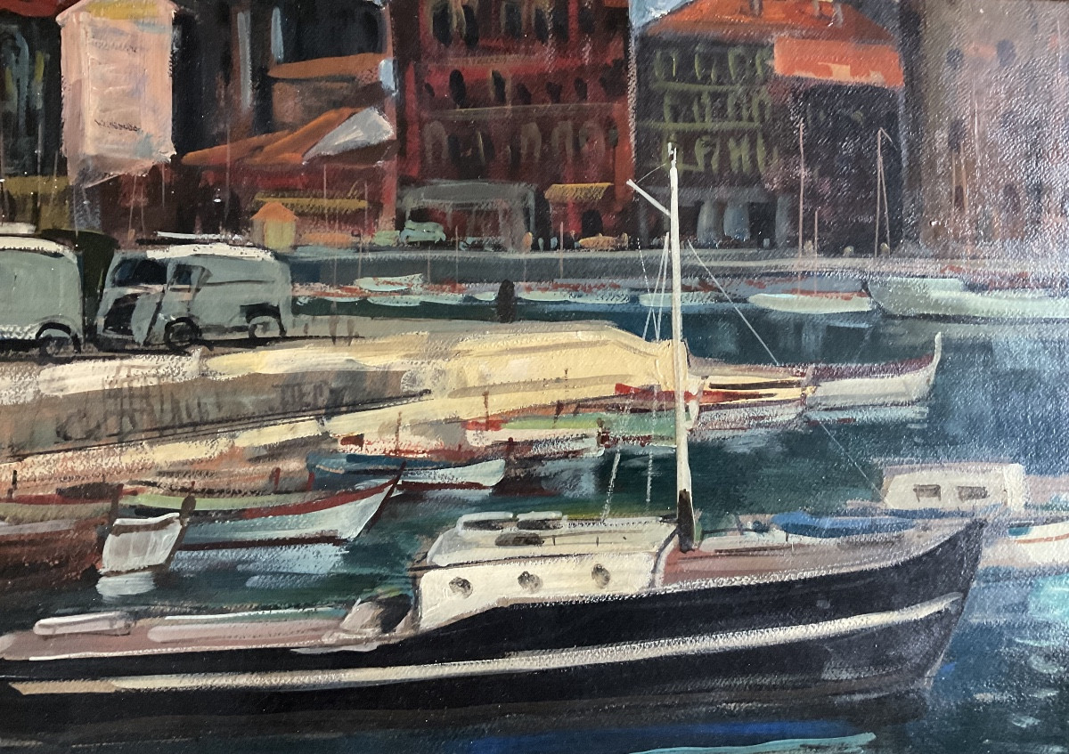 Vue du port huile sur toile marouflée -photo-3