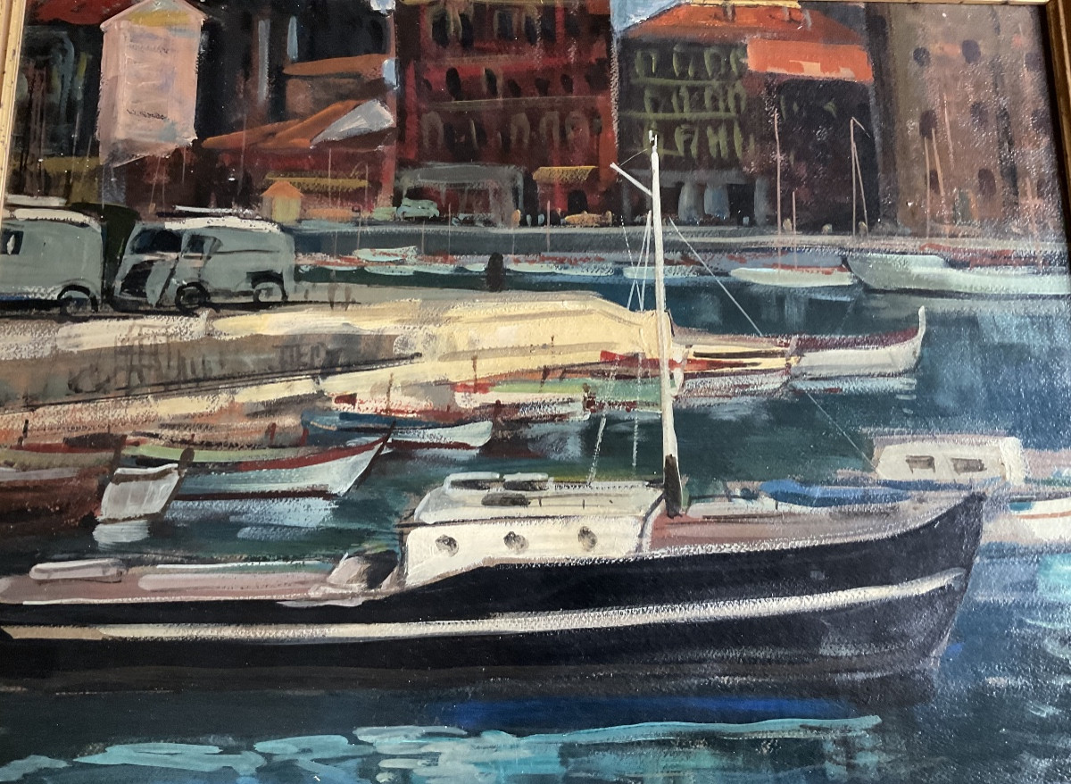 Vue du port huile sur toile marouflée 