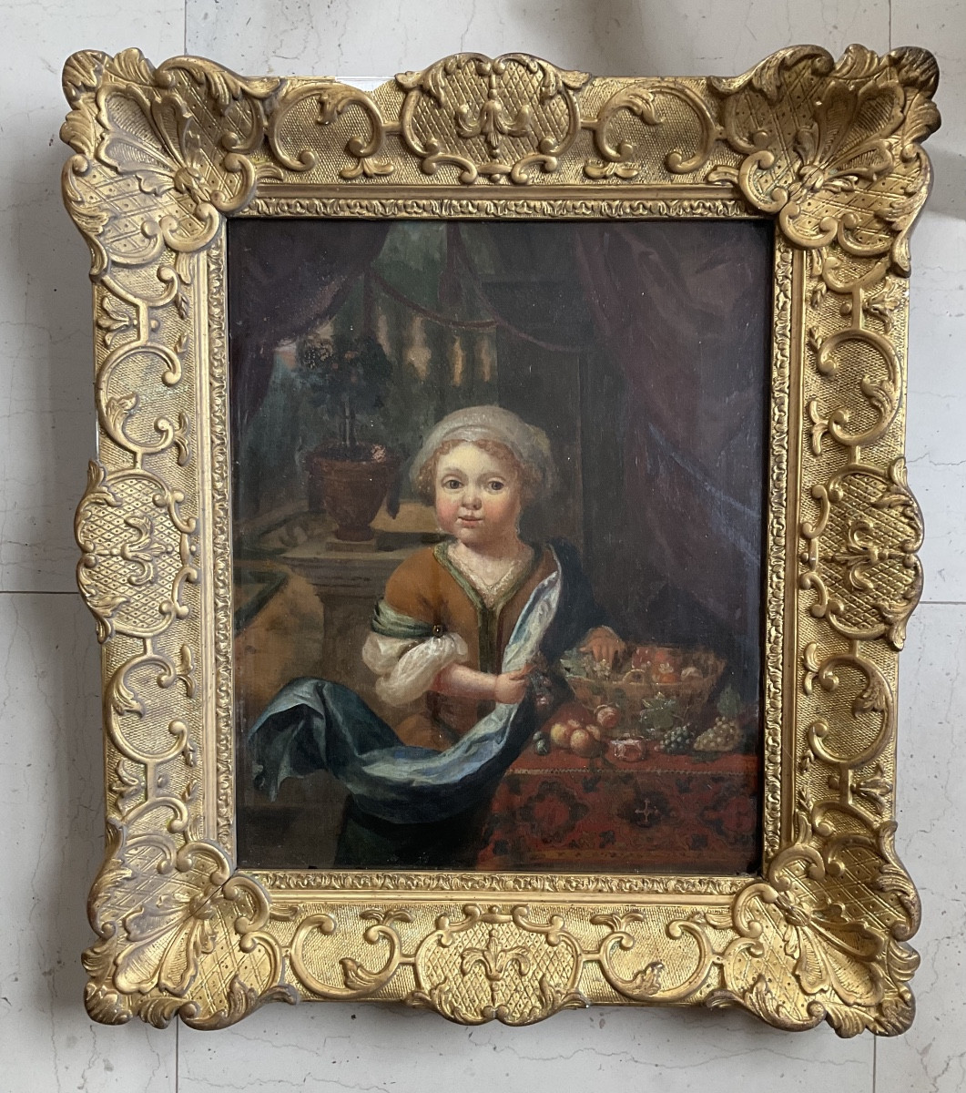 Oil On Panel Young Girl With Fruit In An Early 18th Century Interior-photo-2