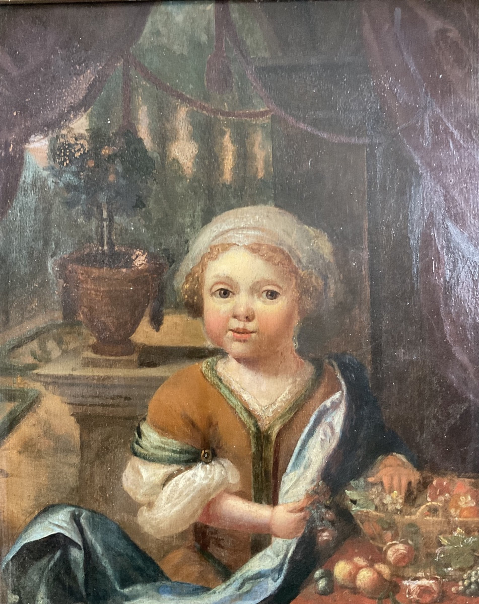 Oil On Panel Young Girl With Fruit In An Early 18th Century Interior-photo-1