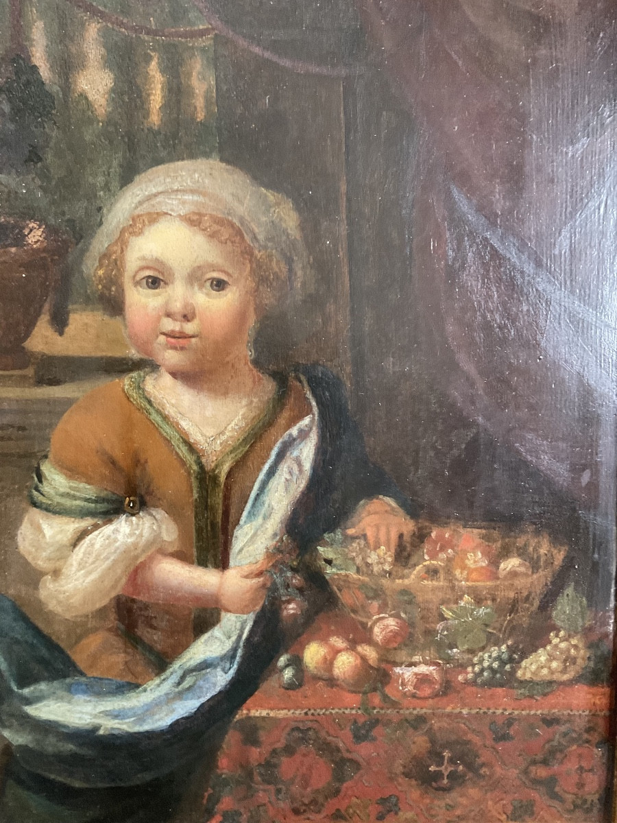 Oil On Panel Young Girl With Fruit In An Early 18th Century Interior