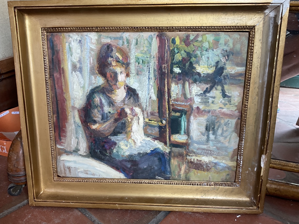 Woman Sewing At Her Window Oil On Canvas-photo-2