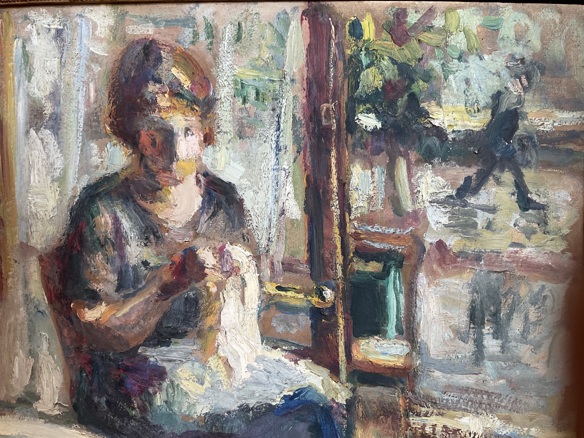 Woman Sewing At Her Window Oil On Canvas-photo-3