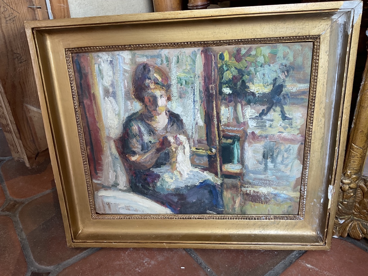 Woman Sewing At Her Window Oil On Canvas-photo-4