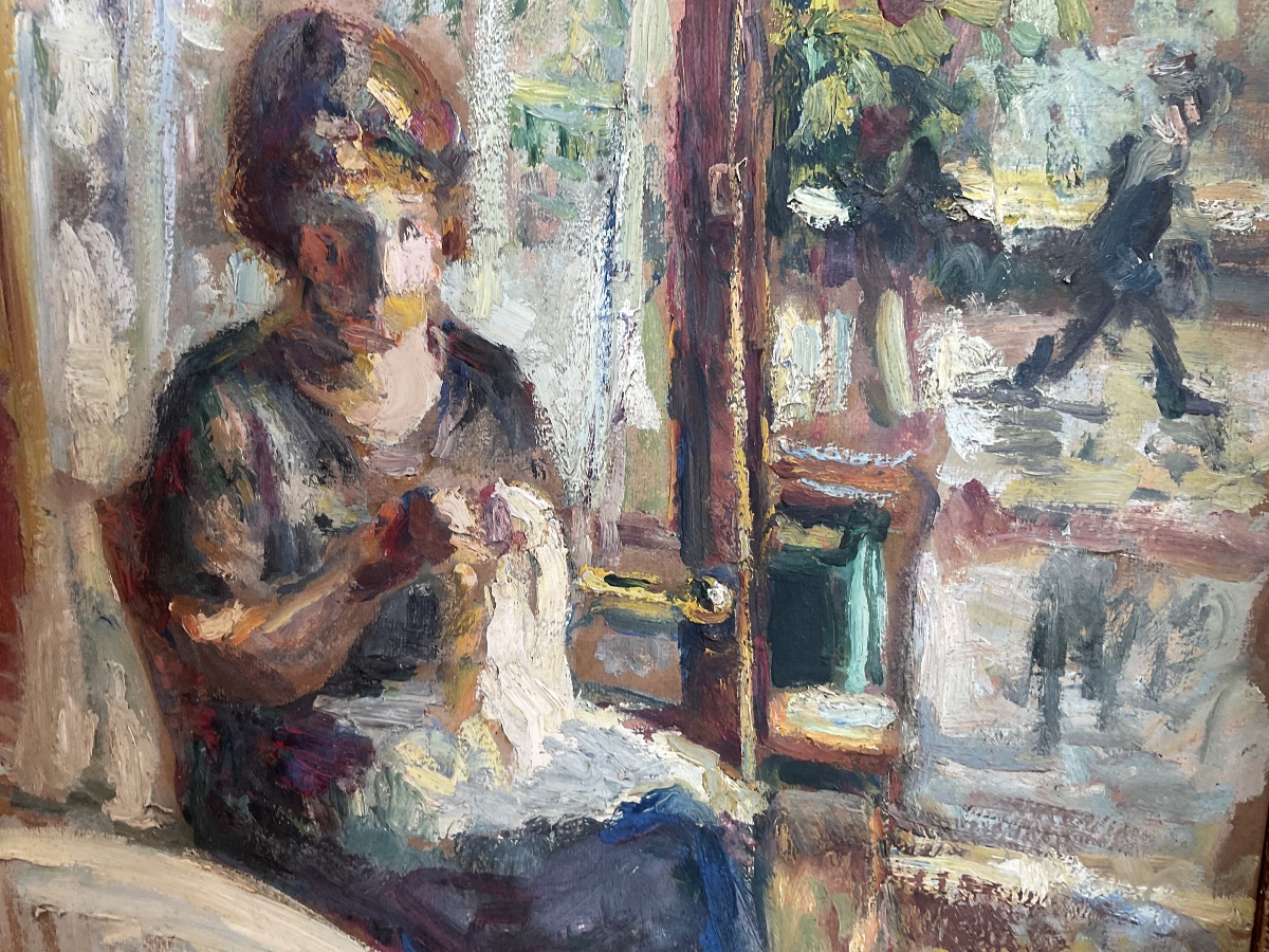 Woman Sewing At Her Window Oil On Canvas