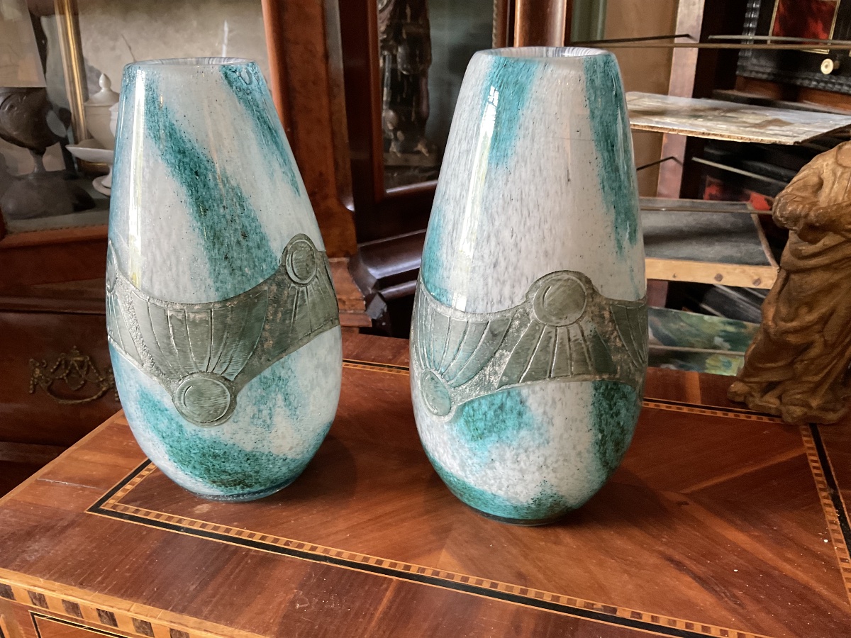Paire de vases pâte de verre et métal de LEGRAS-photo-2