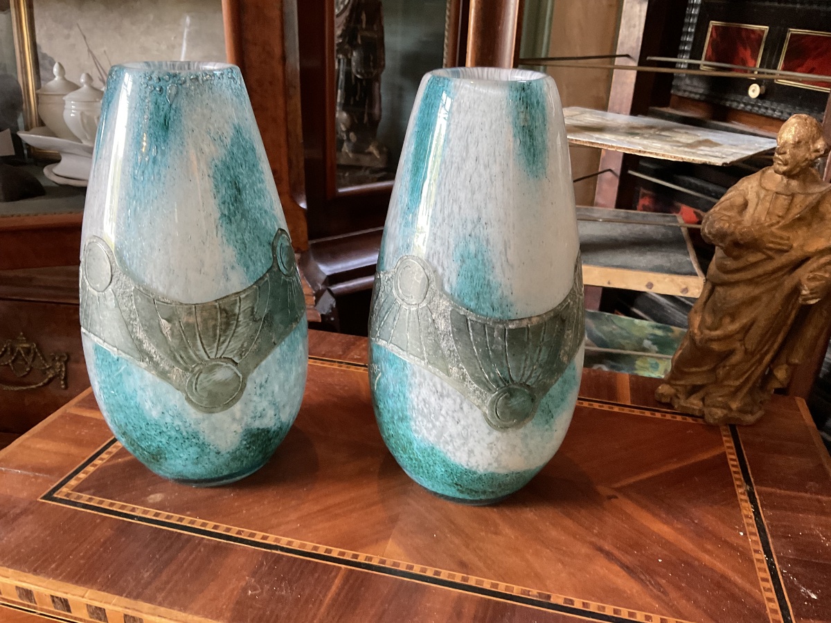 Paire de vases pâte de verre et métal de LEGRAS-photo-3