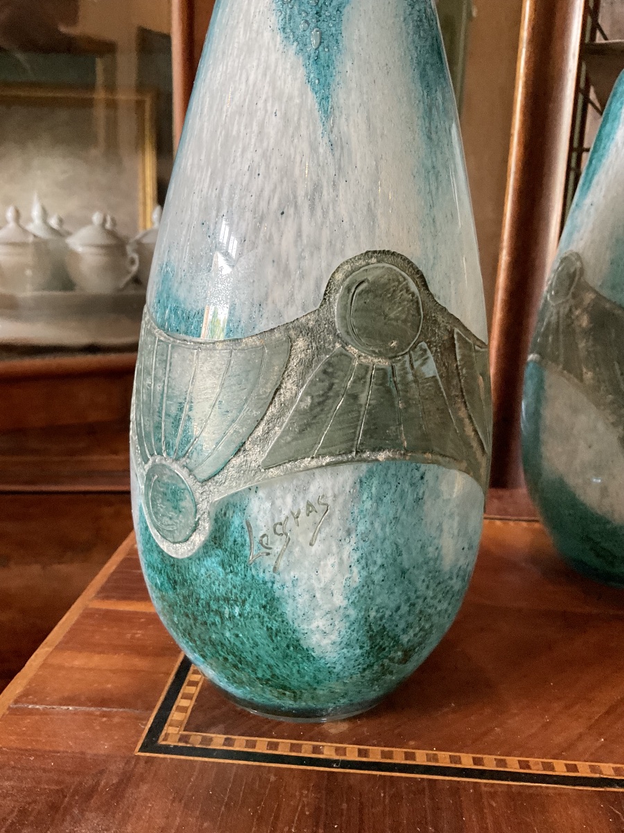 Paire de vases pâte de verre et métal de LEGRAS-photo-1