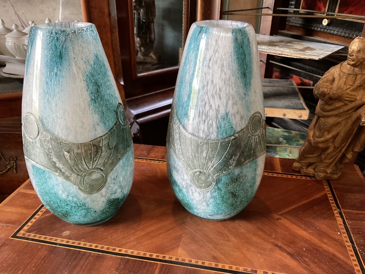 Paire de vases pâte de verre et métal de LEGRAS-photo-3