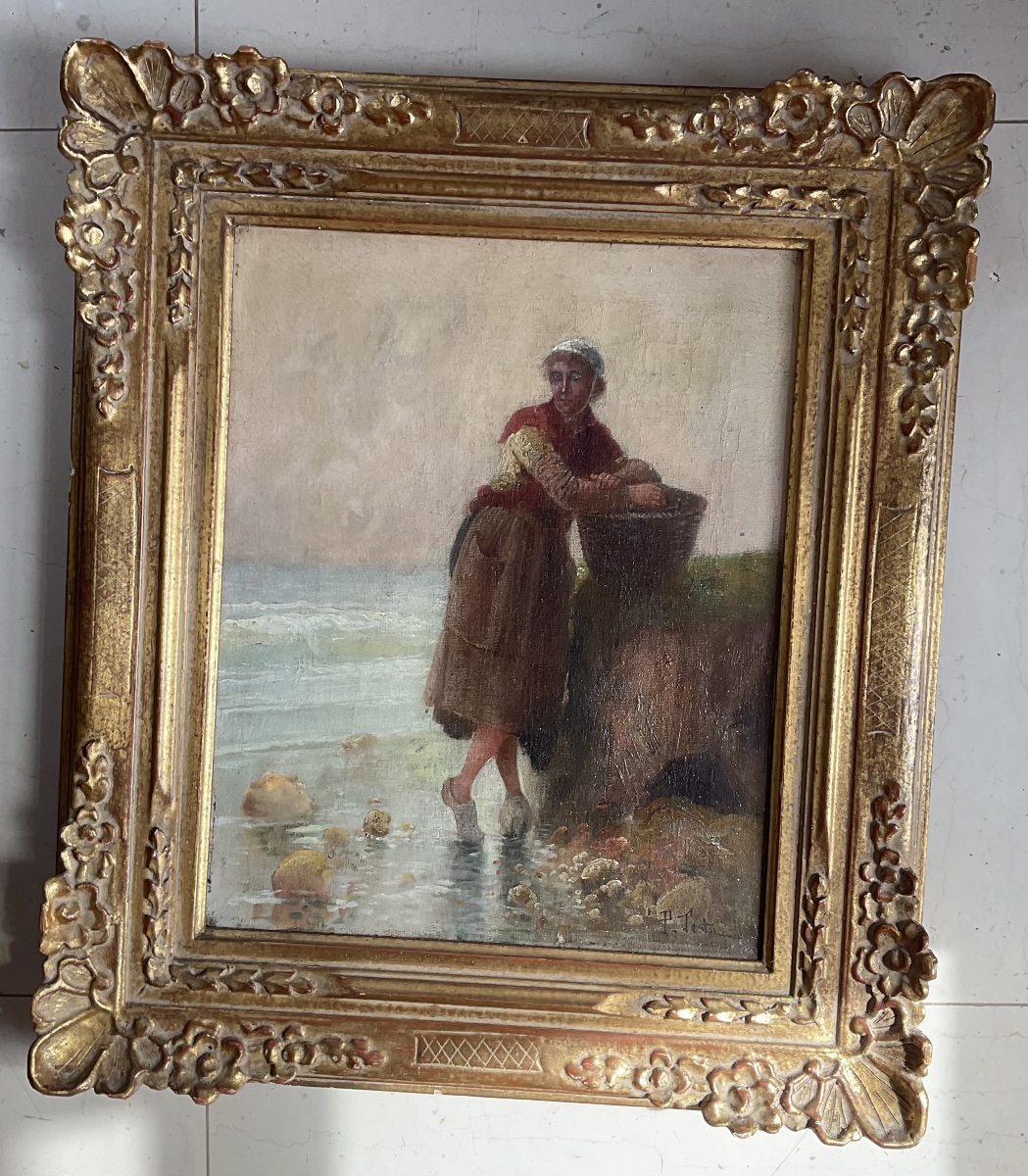 Pêcheuse huile sur toile par Testu