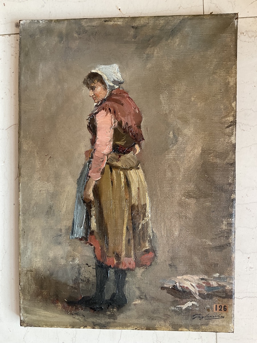 Gustave Gagliardini pêcheuse à pied Cayeux sur mer huile sur toile-photo-2