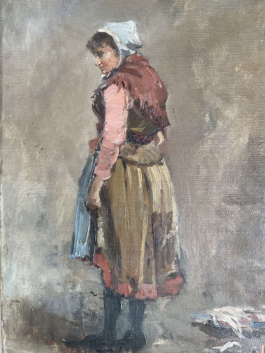 Gustave Gagliardini pêcheuse à pied Cayeux sur mer huile sur toile-photo-4