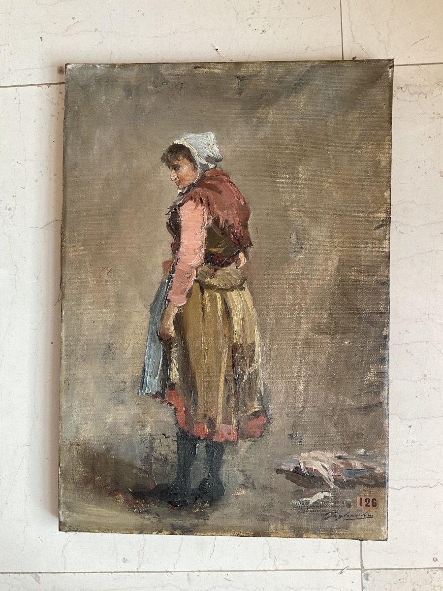 Gustave Gagliardini pêcheuse à pied Cayeux sur mer huile sur toile-photo-1