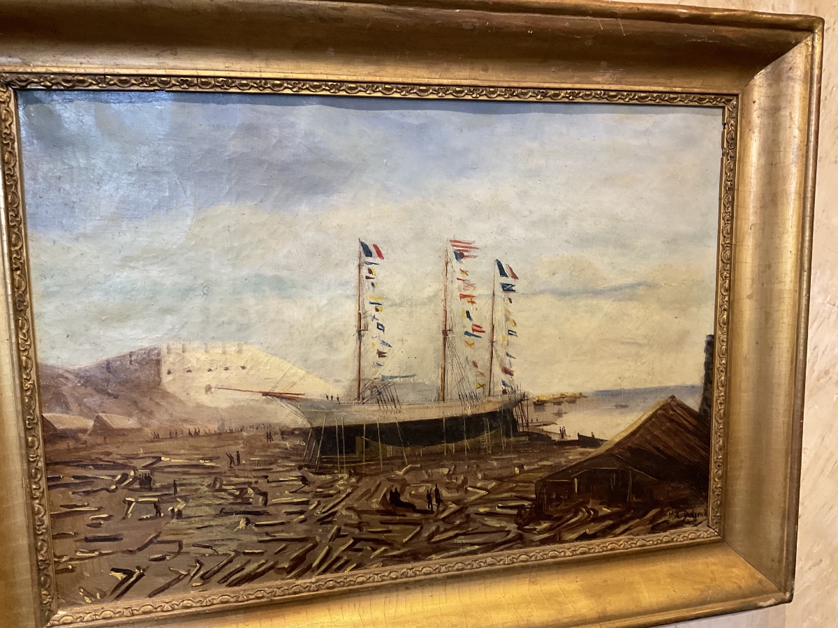 Portrait Painting Of A Ship Flying Flags By Ch Dubreuil -photo-2