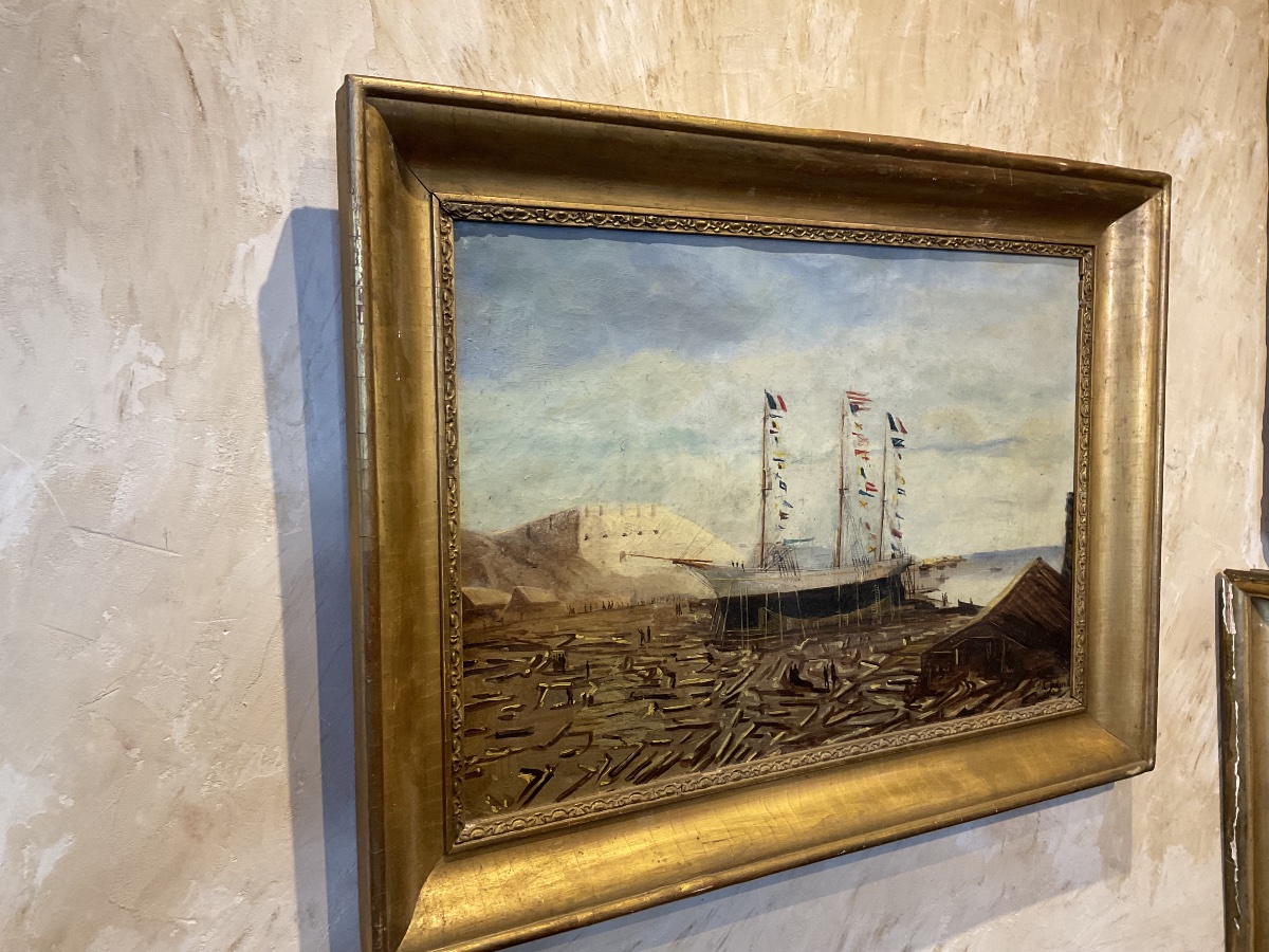 Portrait Painting Of A Ship Flying Flags By Ch Dubreuil 