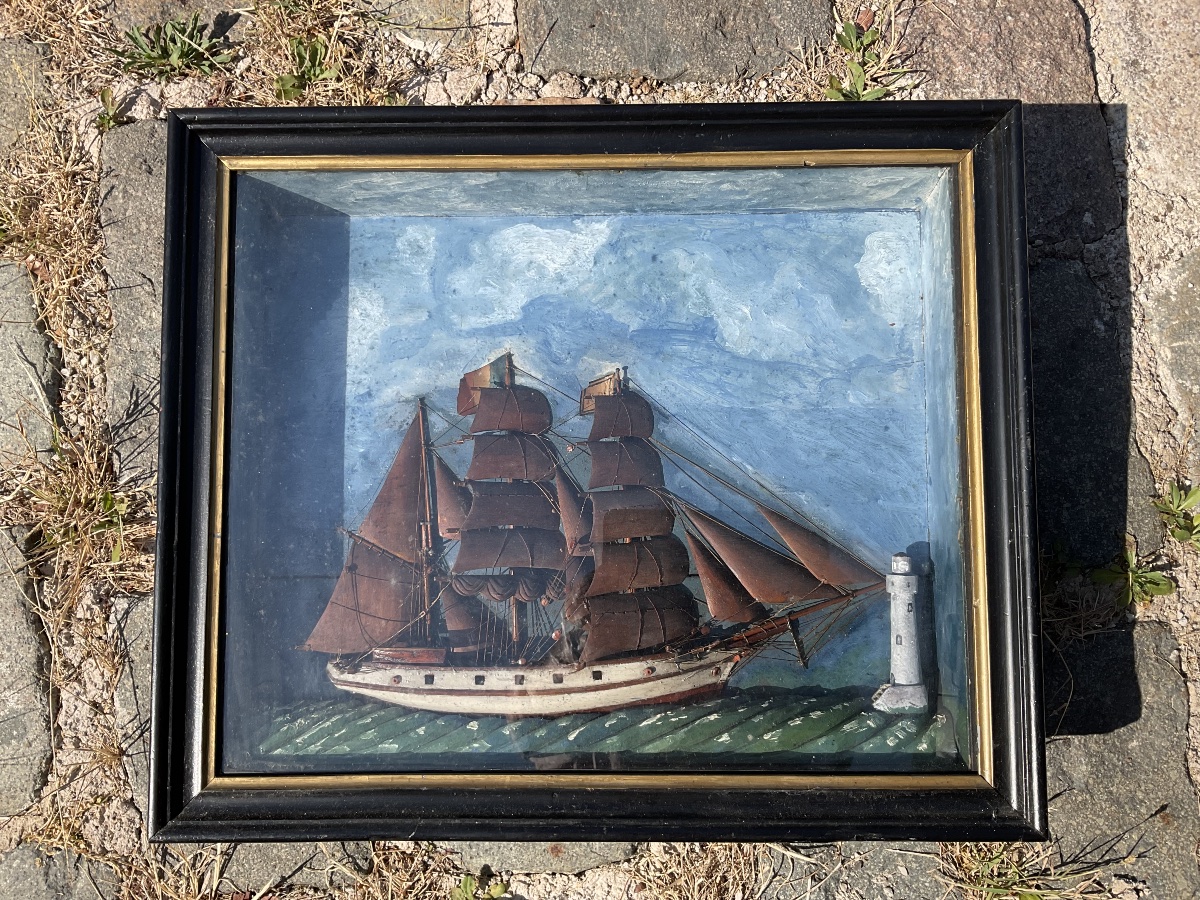 Wooden Diorama Of A Ship And A Lighthouse Shrouded In Mist-photo-2