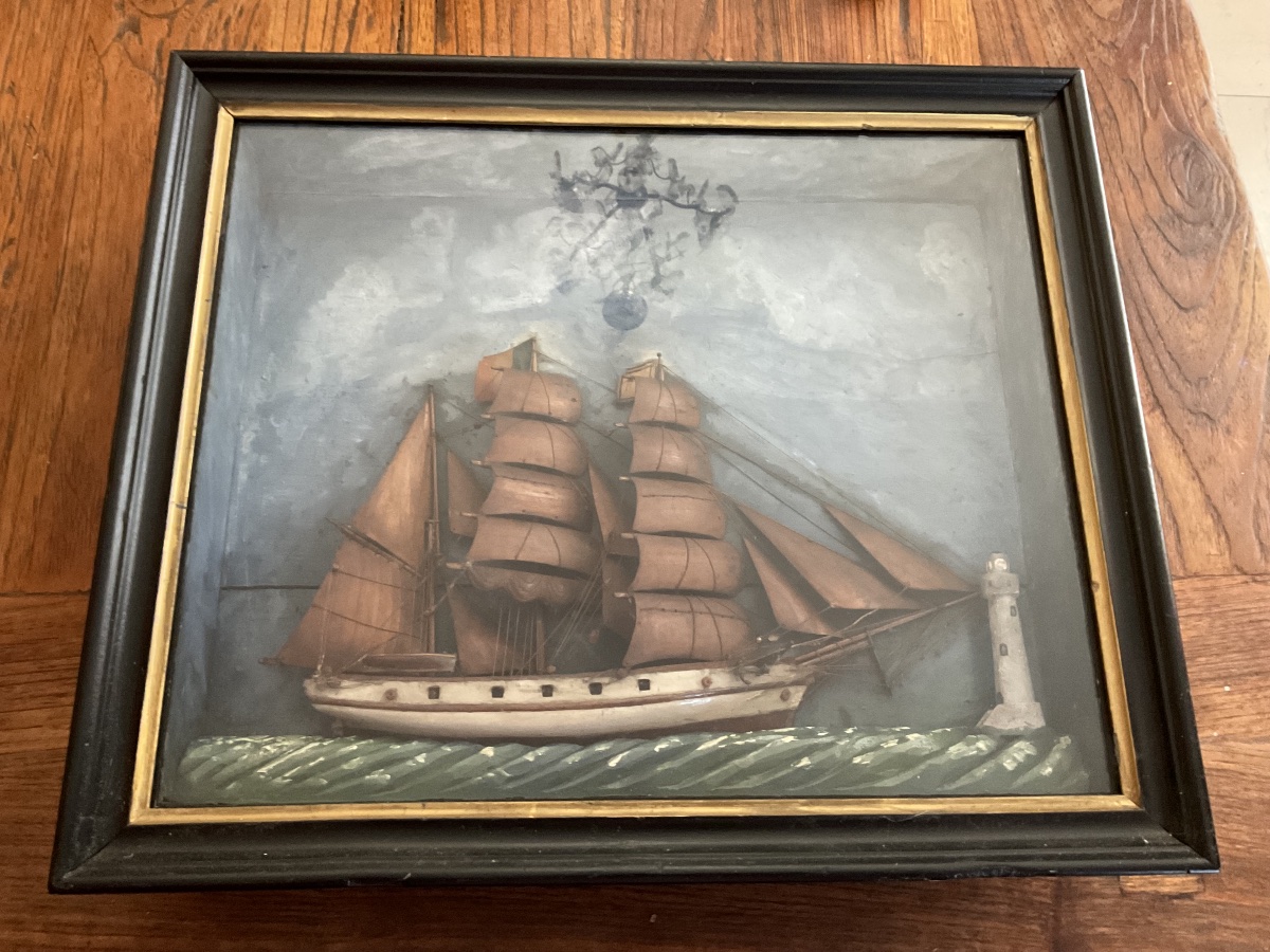 Wooden Diorama Of A Ship And A Lighthouse Shrouded In Mist-photo-1