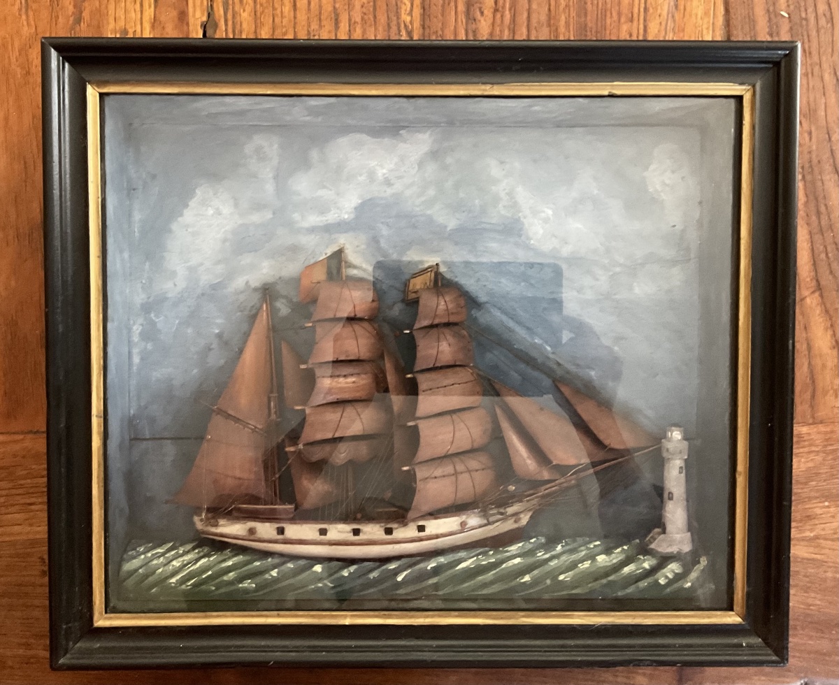 Wooden Diorama Of A Ship And A Lighthouse Shrouded In Mist