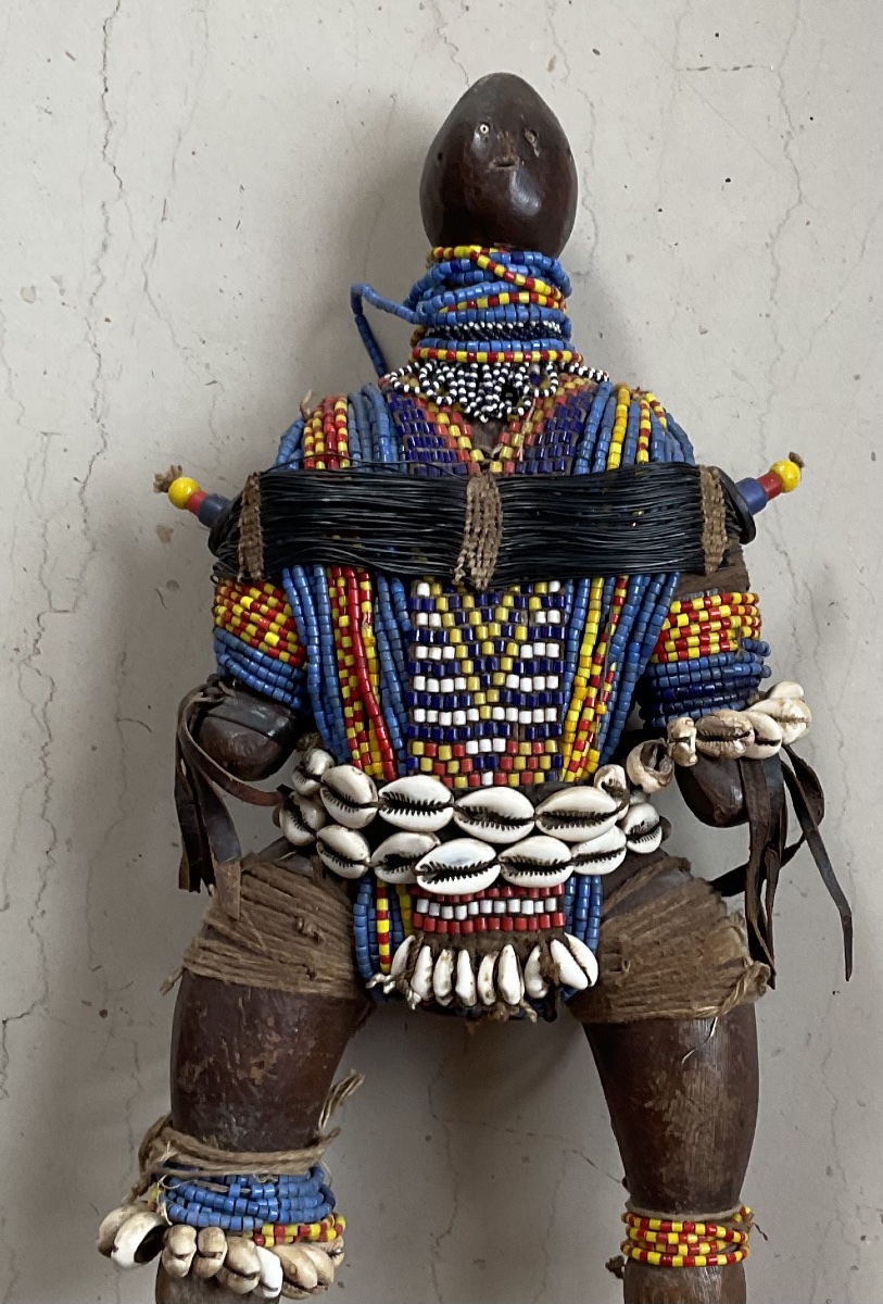 African Wooden And Beaded Doll, 35 Cm Tall