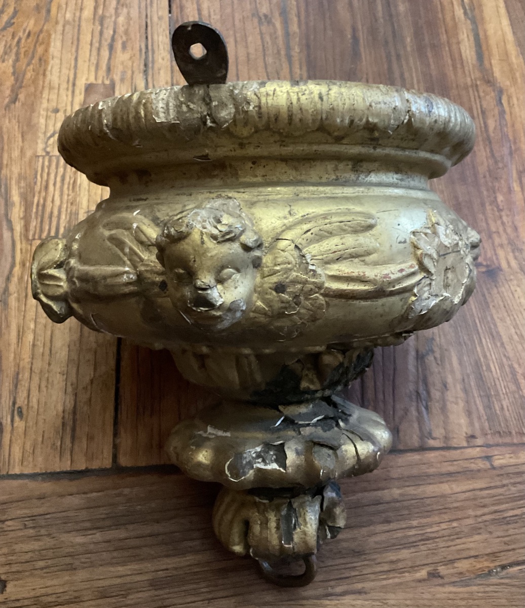 18th-century Gilded Wood Church Chandelier With Angel Heads, As-is-photo-2